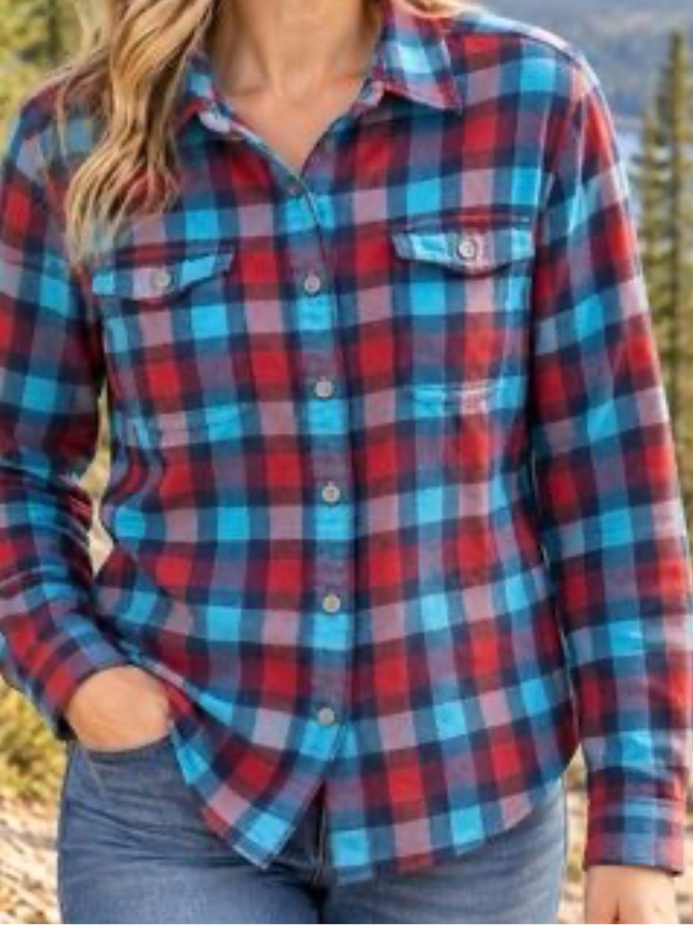 Patagonia Red & Turquoise Plaid Button-Down Shirt